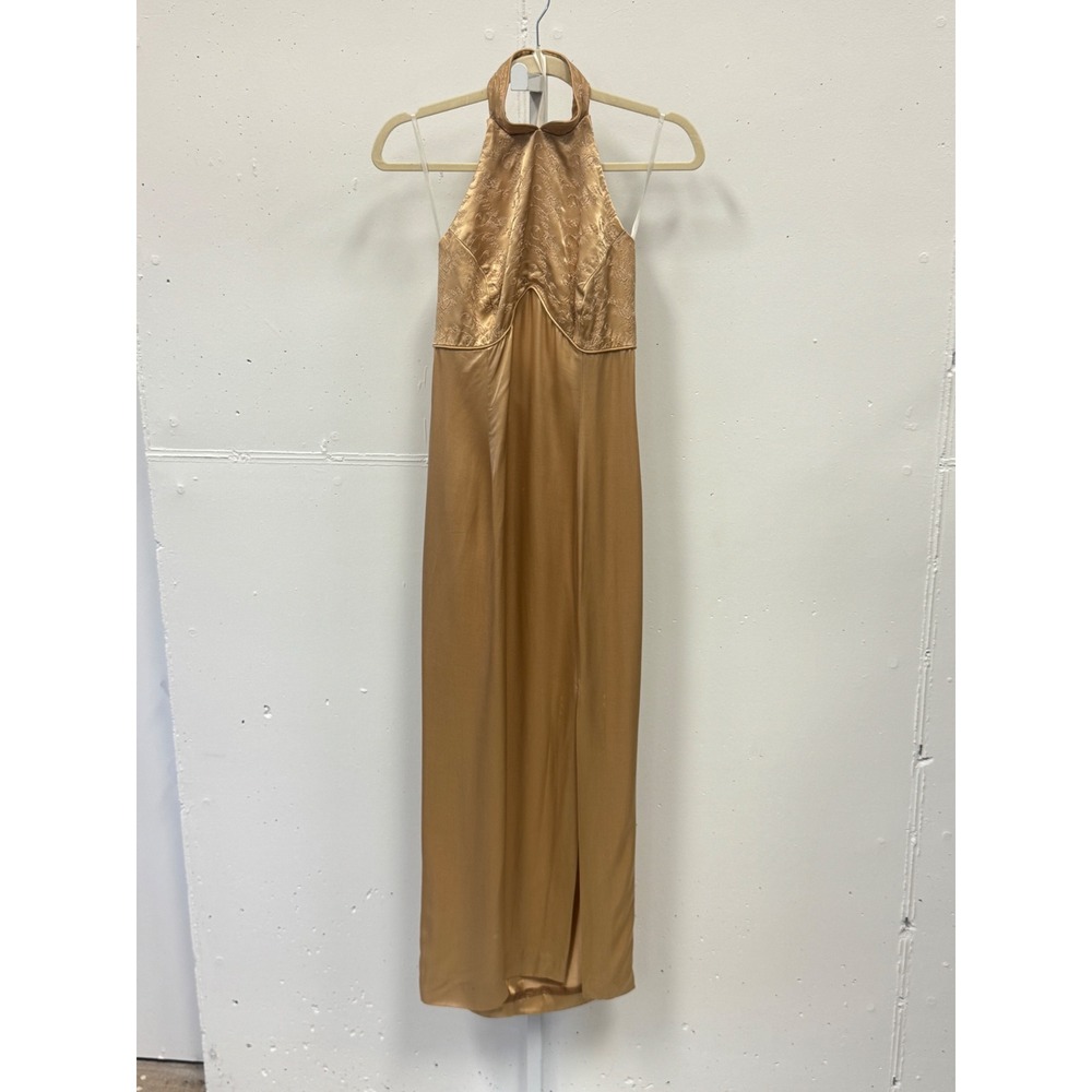 Vintage Jessica McClintock Gunne Sax Gold Satin Halter Maxi Dress Embroidered